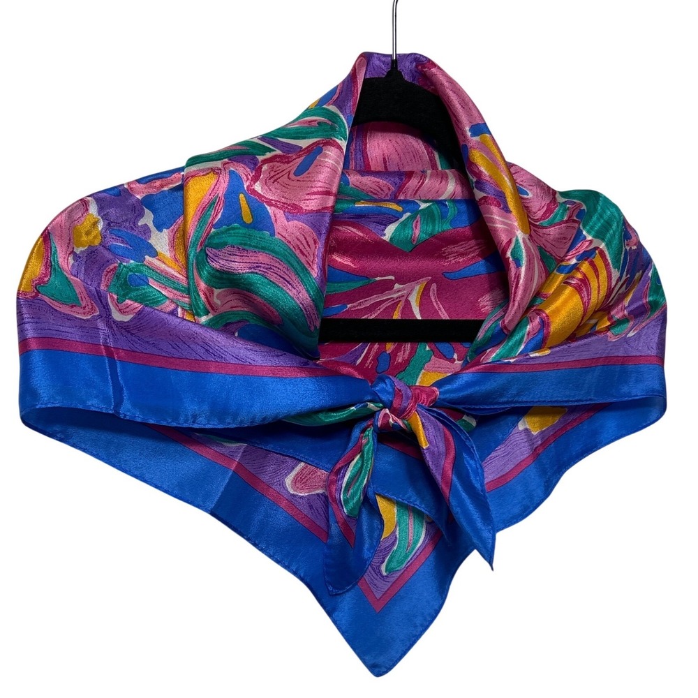 Ken Done Vintage‎ Silk Scarf Floral Blue Magenta Purple Yellow Square Art Scarf